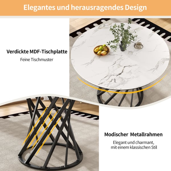 Rundt spisebord - Køkkenbord - Ø 80 cm, Højde 76 cm - MDF-plade i marmorlook - Metalben - Til 4 personer - Sort