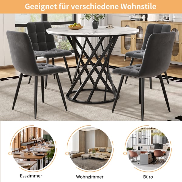 Rundt spisebord - Køkkenbord - Ø 80 cm, Højde 76 cm - MDF-plade i marmorlook - Metalben - Til 4 personer - Sort