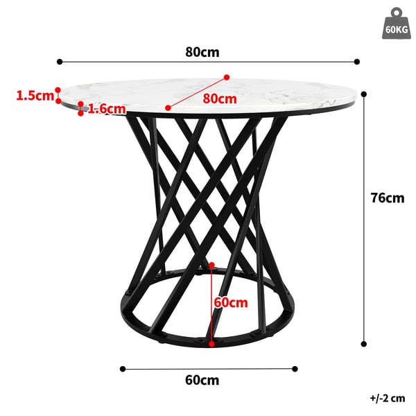 Rundt spisebord - Køkkenbord - Ø 80 cm, Højde 76 cm - MDF-plade i marmorlook - Metalben - Til 4 personer - Sort