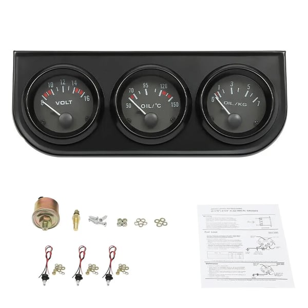 Trippelmåler til bil/lastbil - 3-i-1 instrument - Olietemperatur - Olietryk 0–7 kg - Voltmeter - DC 12V - 18,7×7,7×5,2 cm - Sort