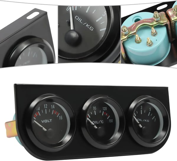 Trippelmåler til bil/lastbil - 3-i-1 instrument - Olietemperatur - Olietryk 0–7 kg - Voltmeter - DC 12V - 18,7×7,7×5,2 cm - Sort