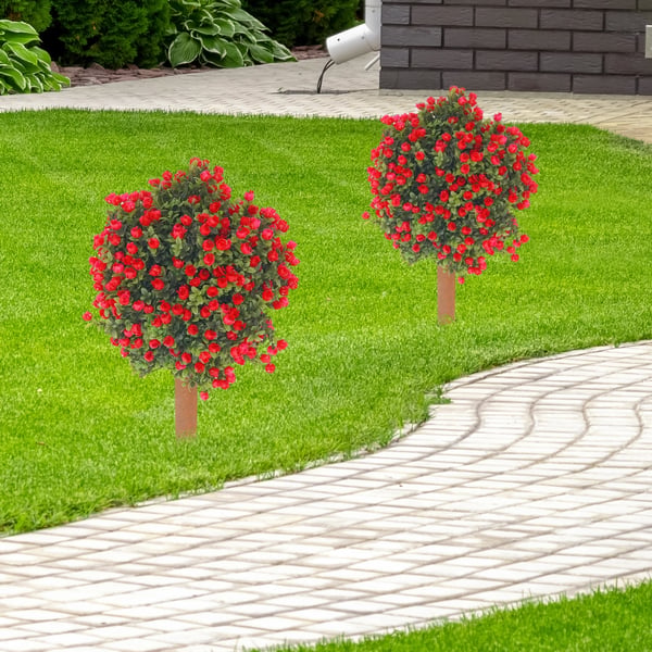 Tekopuksipuut - Topiary pallopuut 2 kpl - Maapiikeillä - Muovi - Ulkokäyttö, puutarhasisustus - Vihreä