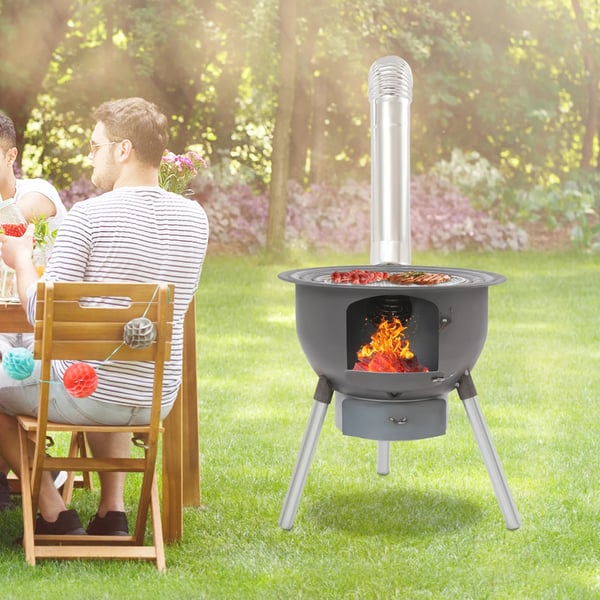 Multifunktionelt brænde- og kulkomfur - Fritstående komfur - Stål/rostfrit stål - Gryder 27–50 cm - Bæreevne >150 kg - 3–6 personer - Sort