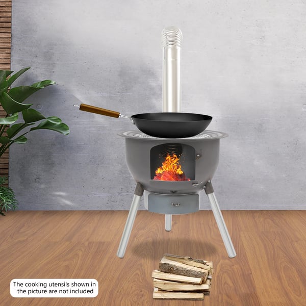 Multifunktionelt brænde- og kulkomfur - Fritstående komfur - Stål/rostfrit stål - Gryder 27–50 cm - Bæreevne >150 kg - 3–6 personer - Sort