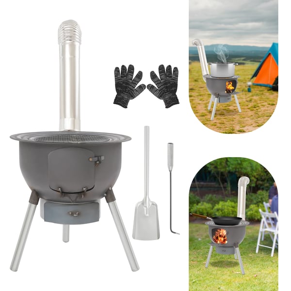 Multifunktionelt brænde- og kulkomfur - Fritstående komfur - Stål/rostfrit stål - Gryder 27–50 cm - Bæreevne >150 kg - 3–6 personer - Sort