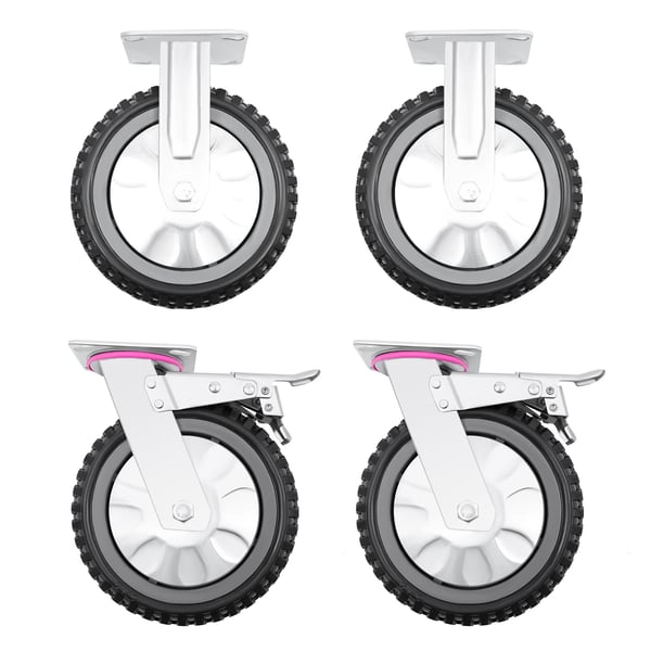 4 kpl PVC kääntöpyörät - Kalustepyörät Levykiinnikkeellä - 20 cm Pyörä - 2 Jarrulla - 600 kg Kantavuus - Reikäväli 8,5×7,5 cm - Beige