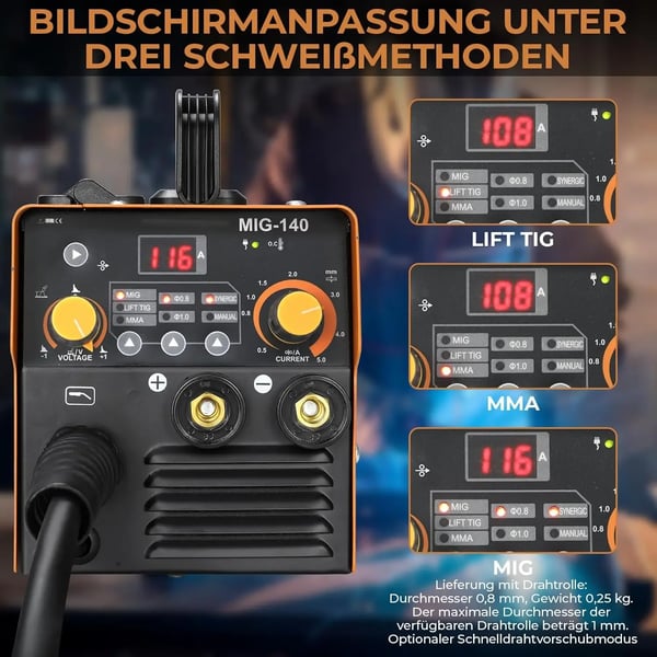 MIG-hitsauskone - MIG 140A Invertteri - Täytelanka 0,8 mm kaasuton - Automaattinen lankansyöttö - 230 V EU-pistoke - Kannettava 7,5 kg