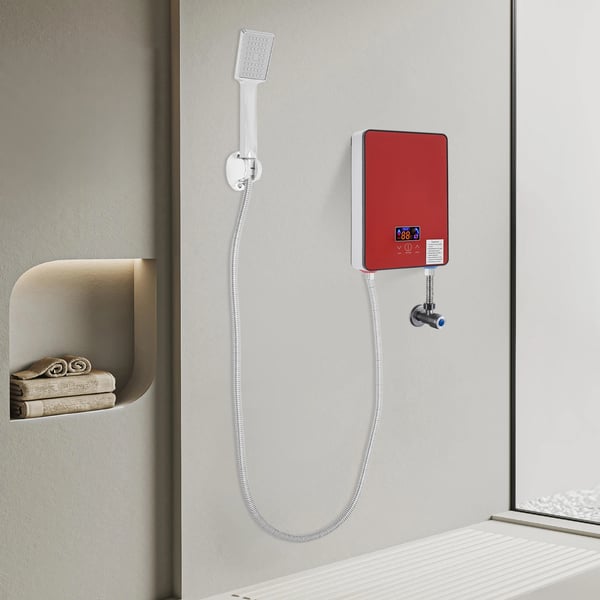 Elektrisk gennemstrømsvandvarmer - Vægmonteret - 6500 W - LED-display - Håndbruser - IPX24 - AC 220 V - Rød