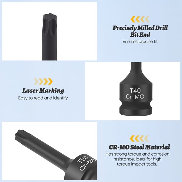 Torx slag-bit toppe - Topnøglesæt - 1,27 cm firkant - T20–T80 - Til bilreparation - Med opbevaringsboks - Sort