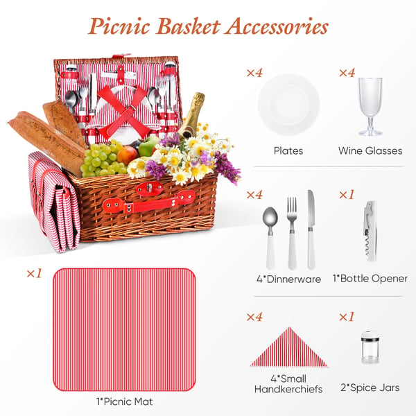 Picknickkorg - Set för 4 personer - Lyxig rotting - Filt/matta - Kryddburkar - Gafflar - Vinglas - Flasköppnare - Rosa