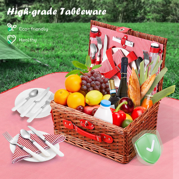 Picknickkorg - Set för 4 personer - Lyxig rotting - Filt/matta - Kryddburkar - Gafflar - Vinglas - Flasköppnare - Rosa