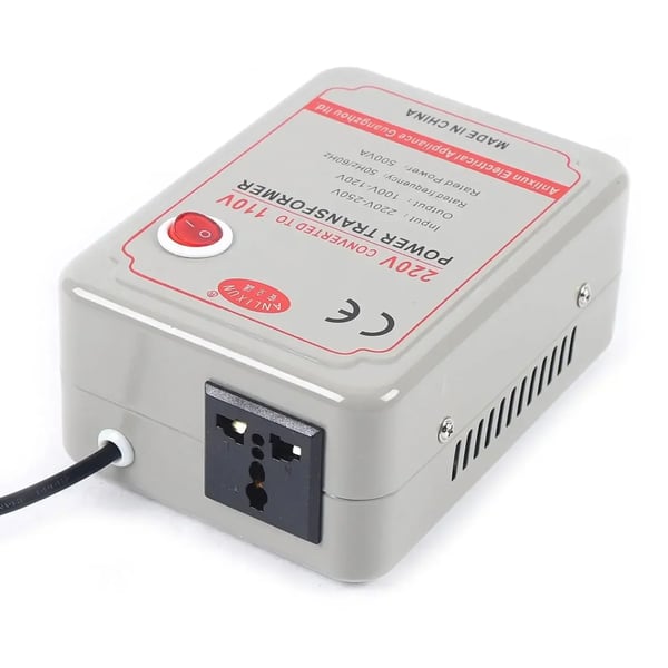 Jännitemuunnin - Alennusmuuntaja - 220–250V → 110–120V - 2000W/2000VA - 50/60Hz - Alumiinikotelo - 15,9×9,4×19,9 cm - Harmaa