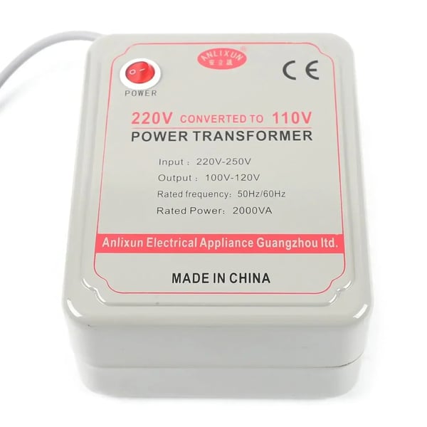 Spændingsomformer - Step-down transformator - 220–250V til 110–120V - 2000W/2000VA - 50/60Hz - Aluminiumhus - 15,9×9,4×19,9 cm - Grå