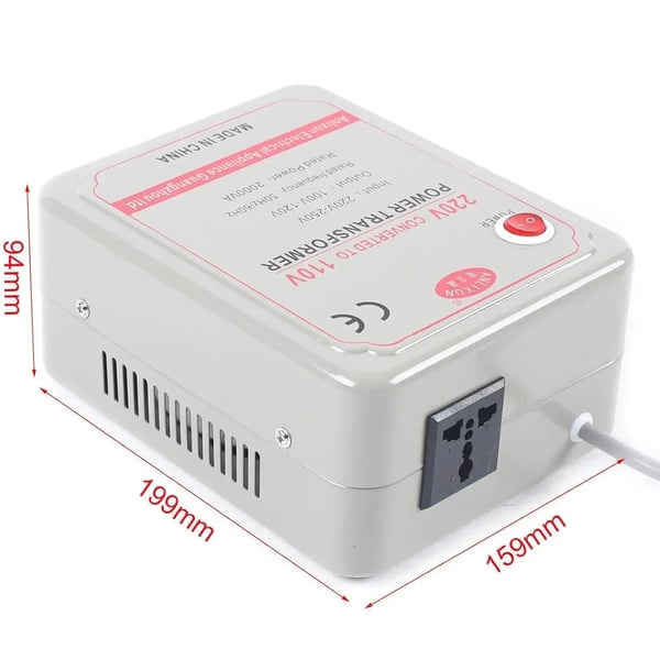 Spændingsomformer - Step-down transformator - 220–250V til 110–120V - 2000W/2000VA - 50/60Hz - Aluminiumhus - 15,9×9,4×19,9 cm - Grå