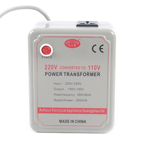 Spændingsomformer - Step-down transformator - 220–250V til 110–120V - 2000W/2000VA - 50/60Hz - Aluminiumhus - 15,9×9,4×19,9 cm - Grå