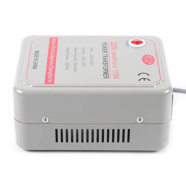 Spændingsomformer - Step-down transformator - 220–250V til 110–120V - 2000W/2000VA - 50/60Hz - Aluminiumhus - 15,9×9,4×19,9 cm - Grå