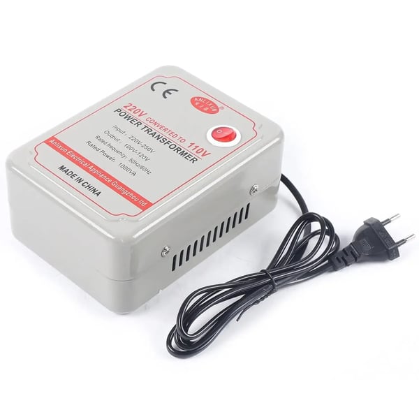 Spændingsomformer - Step-down transformator - 220–250V til 110–120V - 2000W/2000VA - 50/60Hz - Aluminiumhus - 15,9×9,4×19,9 cm - Grå