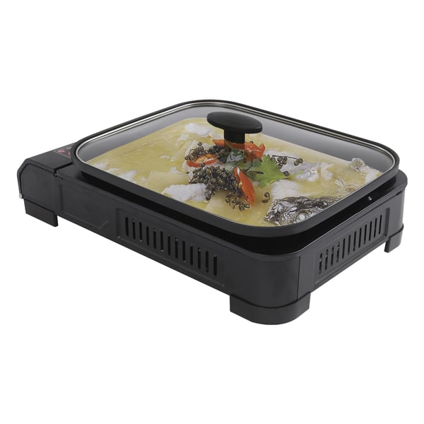 Portabel gasgrill och campingkök - Butan - 2,1 kW - Piezo-tändning - Grillpanna med lock 37×30×3,5 cm - Butanpatron ej inkluderad - Svart