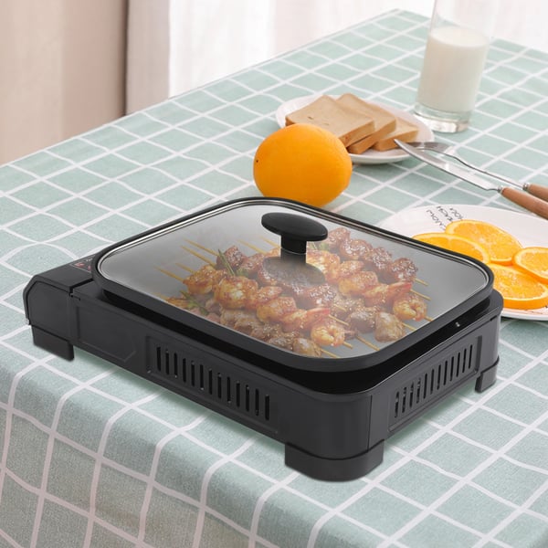 Bærbar gasgrill og campingkomfur - Butan - 2,1 kW - Piezo-tænding - Grillpande med låg 37×30×3,5 cm - Butan gasdåse ikke inkluderet - Sort
