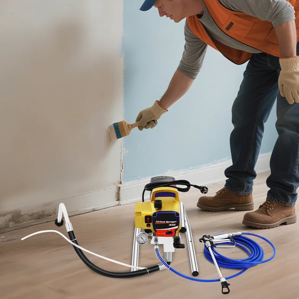 Airless maaliruisku - Sähkökäyttöinen maalisumutin - 1500 W - 3300 PSI - 2,2 L/min - 8 m letku - CE-hyväksytty - Sisä/ulkoseinille - Sininen