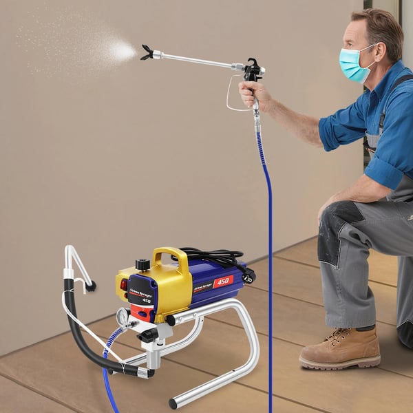 Airless maaliruisku - Sähkökäyttöinen maalisumutin - 1500 W - 3300 PSI - 2,2 L/min - 8 m letku - CE-hyväksytty - Sisä/ulkoseinille - Sininen