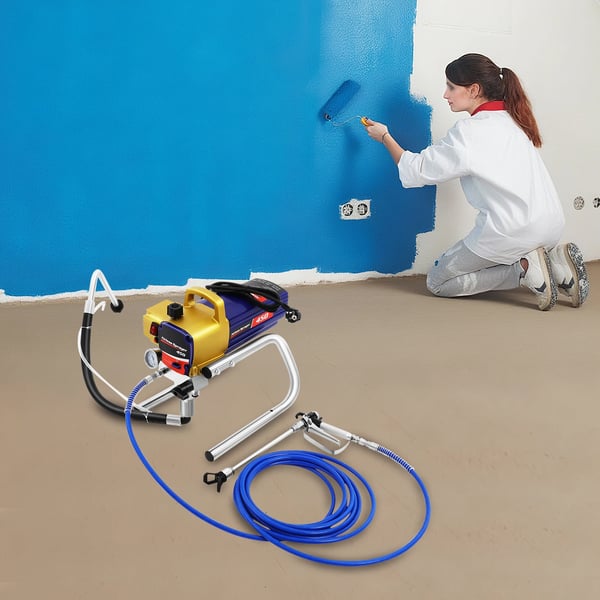 Airless maaliruisku - Sähkökäyttöinen maalisumutin - 1500 W - 3300 PSI - 2,2 L/min - 8 m letku - CE-hyväksytty - Sisä/ulkoseinille - Sininen