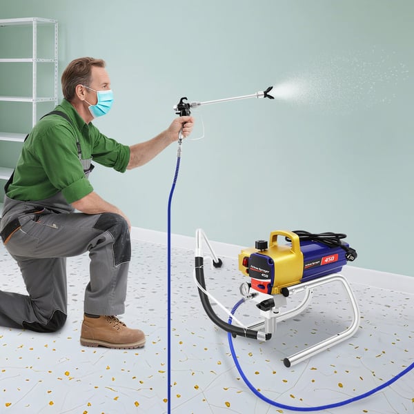 Airless maaliruisku - Sähkökäyttöinen maalisumutin - 1500 W - 3300 PSI - 2,2 L/min - 8 m letku - CE-hyväksytty - Sisä/ulkoseinille - Sininen