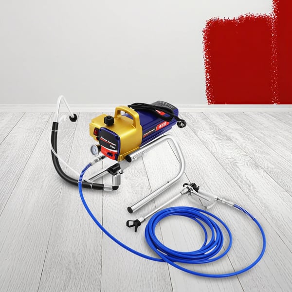 Airless maaliruisku - Sähkökäyttöinen maalisumutin - 1500 W - 3300 PSI - 2,2 L/min - 8 m letku - CE-hyväksytty - Sisä/ulkoseinille - Sininen