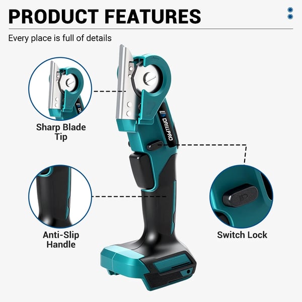Elektrisk saks - 80 W - 6 mm skærekapacitet - Børstet motor - 2 batterier - Lave vibrationer - Letvægt - EU-stik - Gul/Sort