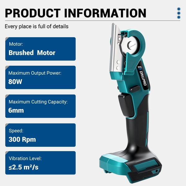 Elektrisk saks - 80 W - 6 mm skærekapacitet - Børstet motor - 2 batterier - Lave vibrationer - Letvægt - EU-stik - Gul/Sort