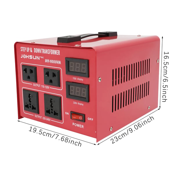 Spændingskonverter 1000 W - Step Up/Down Transformer - Rød