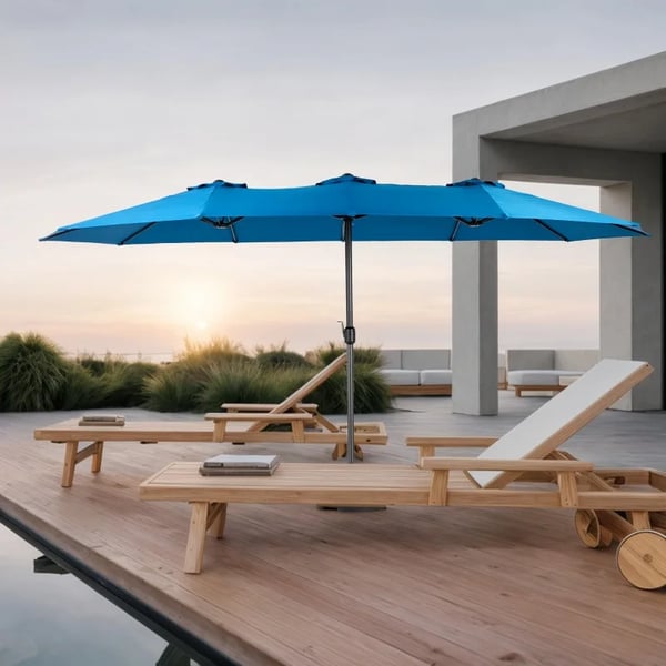 Haveparasol - Dobbeltsidet terrasseparasol - 4,5 m - Rektangulær - Vandtæt - Håndsving - Canvas - Blå