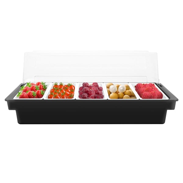 Bar-caddy til frugt og garniture - 5-delt serveringsbakke - Med låg - Til køkken og bar - Fødevareopbevaring - Sort