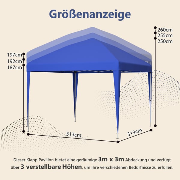 Pop up pavillon - Sammenklappeligt partytelt 3x3 m - Vandtæt PE-dug - Uden sidevægge - Med sandsække - Blå
