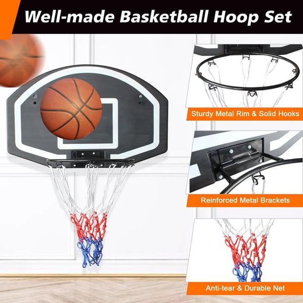 Basketkurv med bagplade - Vægmonteret - Inde/ude - Brudsikker - Bagplade 72,4 x 45,72 cm - Ring 43,18/40,64 cm - Sort