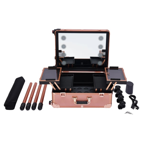 Makeupkuffert på hjul - Trolley - 8×5 W LED-lys - 3 niveauer - Stor kapacitet - Justerbar højde - Pink