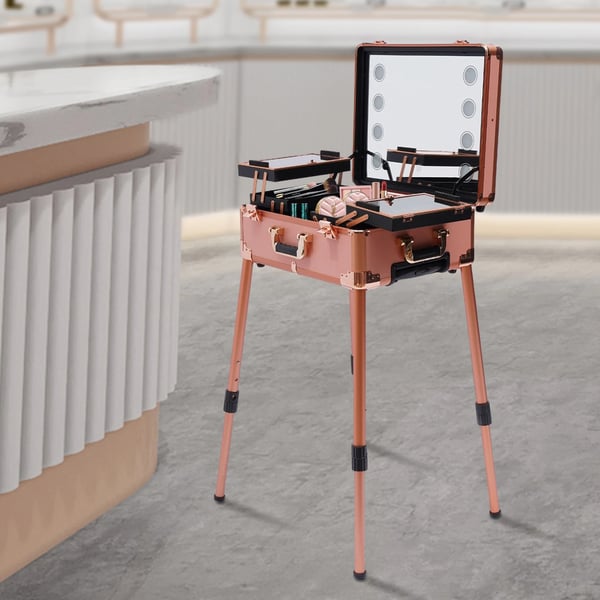 Makeupkuffert på hjul - Trolley - 8×5 W LED-lys - 3 niveauer - Stor kapacitet - Justerbar højde - Pink