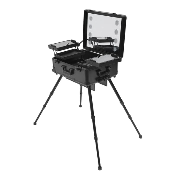 Sminktrolley - Makeup-väska på hjul - 8x 5W LED-lampor - 3 nivåer - Stor kapacitet - Justerbar höjd - Svart