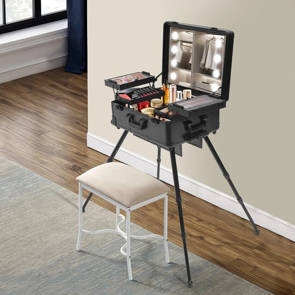 Sminkekuffert på hjul - Makeup-trolley - 8x 5W LED-lys - 3 niveauer - Stor kapacitet - Justerbar højde - Sort