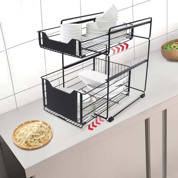 Køkkenskabs- og bordpladeorganizer - 2-niveaus stativ - Fritstående - Under vask - Stabelbar - Udvidbar - Metalkurve