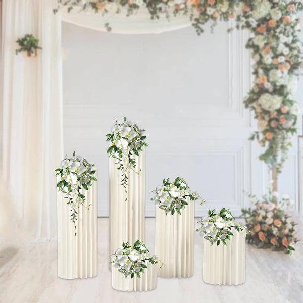 Blomsterstander til bord - Søjlevaser sæt 5-pak - Højder 20/40/60/80/100 cm - Akrylplade Ø30 cm, 2 mm - Pap + akryl - Til fødselsdagsfest - Hvid