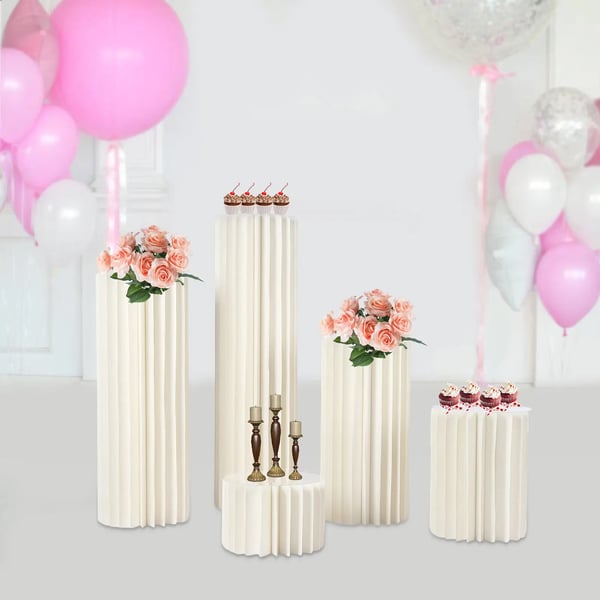 Blomsterstander til bord - Søjlevaser sæt 5-pak - Højder 20/40/60/80/100 cm - Akrylplade Ø30 cm, 2 mm - Pap + akryl - Til fødselsdagsfest - Hvid