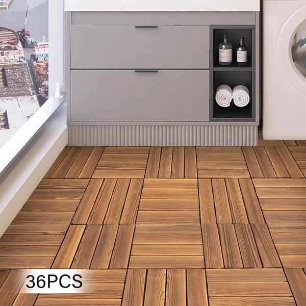 Træfliser i kamferfyr - Klikterrassefliser - 36 stk - 30 x 30 cm - Vandtæt og vejrbestandig - PE-base og rustfrie beslag - Chokoladebrun