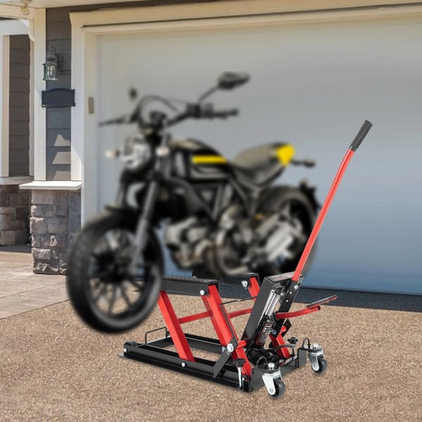 Motorcykelløfter - Hydraulisk donkraft - Løfteområde 11,5–36,5 cm - Kapacitet 680 kg - Skridsikkert håndtag - Rød/Sort