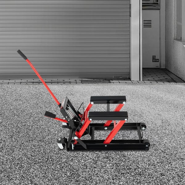 Motorcykelløfter - Hydraulisk donkraft - Løfteområde 11,5–36,5 cm - Kapacitet 680 kg - Skridsikkert håndtag - Rød/Sort