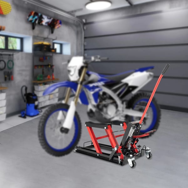 Motorcykelløfter - Hydraulisk donkraft - Løfteområde 11,5–36,5 cm - Kapacitet 680 kg - Skridsikkert håndtag - Rød/Sort
