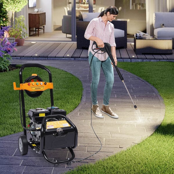 Højtryksrenser - Benzindrevet 7,5 hk 180 bar - 3400 rpm - Dyser i ingeniørplast - Kobbertilslutninger - Hus i legering - 5–10 m slange - Orange