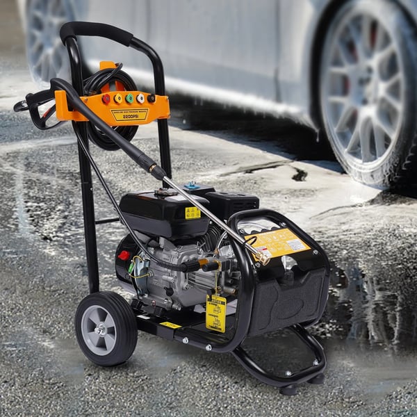 Højtryksrenser - Benzindrevet 7,5 hk 180 bar - 3400 rpm - Dyser i ingeniørplast - Kobbertilslutninger - Hus i legering - 5–10 m slange - Orange