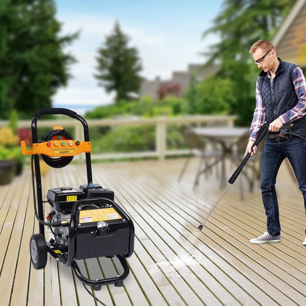 Højtryksrenser - Benzindrevet 7,5 hk 180 bar - 3400 rpm - Dyser i ingeniørplast - Kobbertilslutninger - Hus i legering - 5–10 m slange - Orange