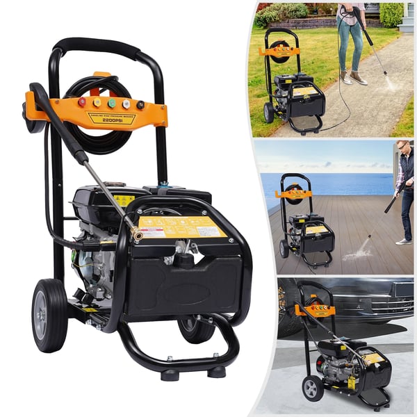 Højtryksrenser - Benzindrevet 7,5 hk 180 bar - 3400 rpm - Dyser i ingeniørplast - Kobbertilslutninger - Hus i legering - 5–10 m slange - Orange